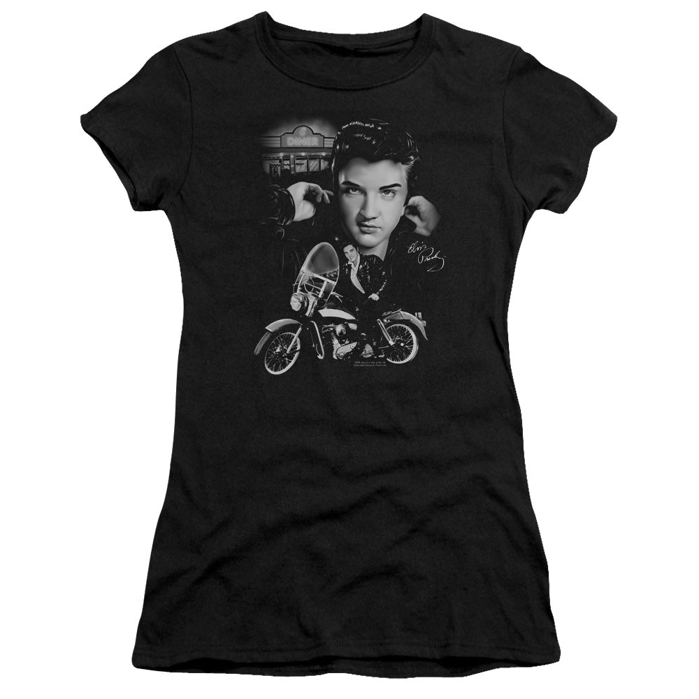 Elvis Presley the King Rides Again Junior Sheer Cap Sleeve Womens T Shirt Black