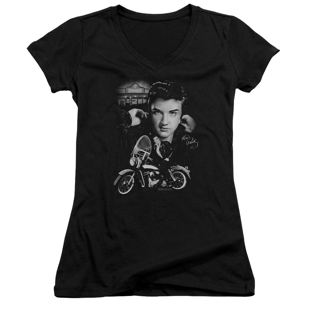 Elvis Presley the King Rides Again Junior Sheer Cap Sleeve V Neck Womens T Shirt Black