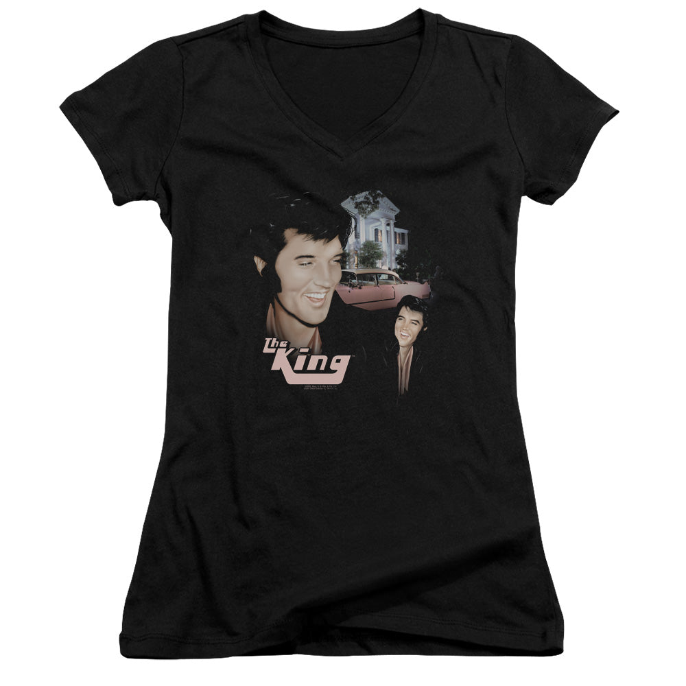 Elvis Presley Home Sweet Home Junior Sheer Cap Sleeve V Neck Womens T Shirt Black