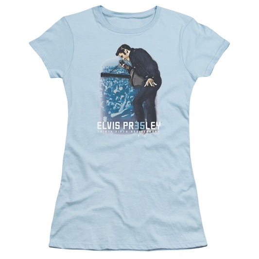 Elvis Presley 35th Anniversary 3 Junior Sheer Cap Sleeve Womens T Shirt Light Blue