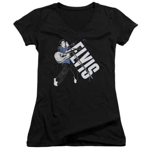 Elvis Presley on His Toes Junior Sheer Cap Sleeve V Neck Womens T Shirt Black