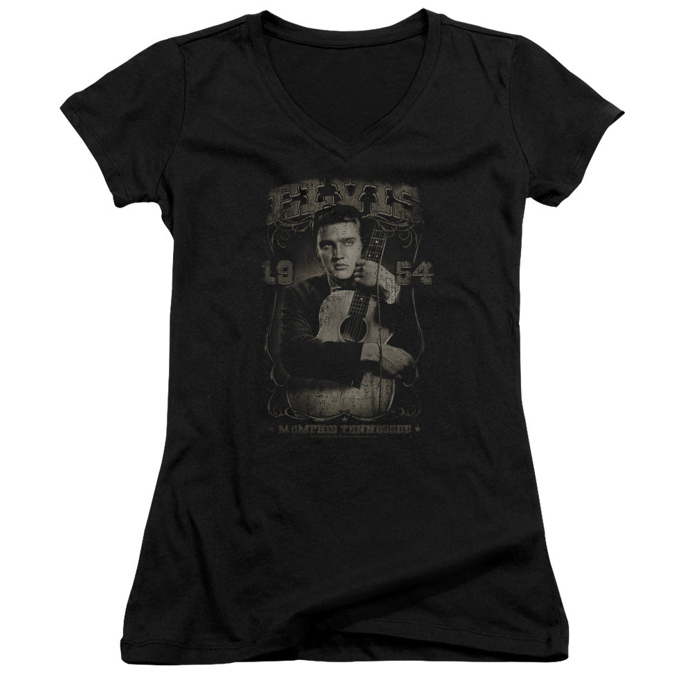 Elvis Presley 1954 Junior Sheer Cap Sleeve V Neck Womens T Shirt Black