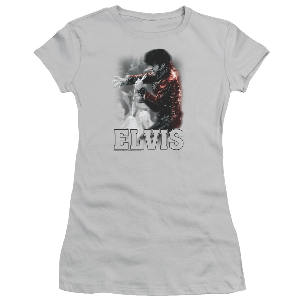 Elvis Presley Black Leather Junior Sheer Cap Sleeve Womens T Shirt Silver