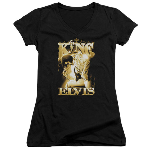 Elvis Presley the King Junior Sheer Cap Sleeve V Neck Womens T Shirt Black