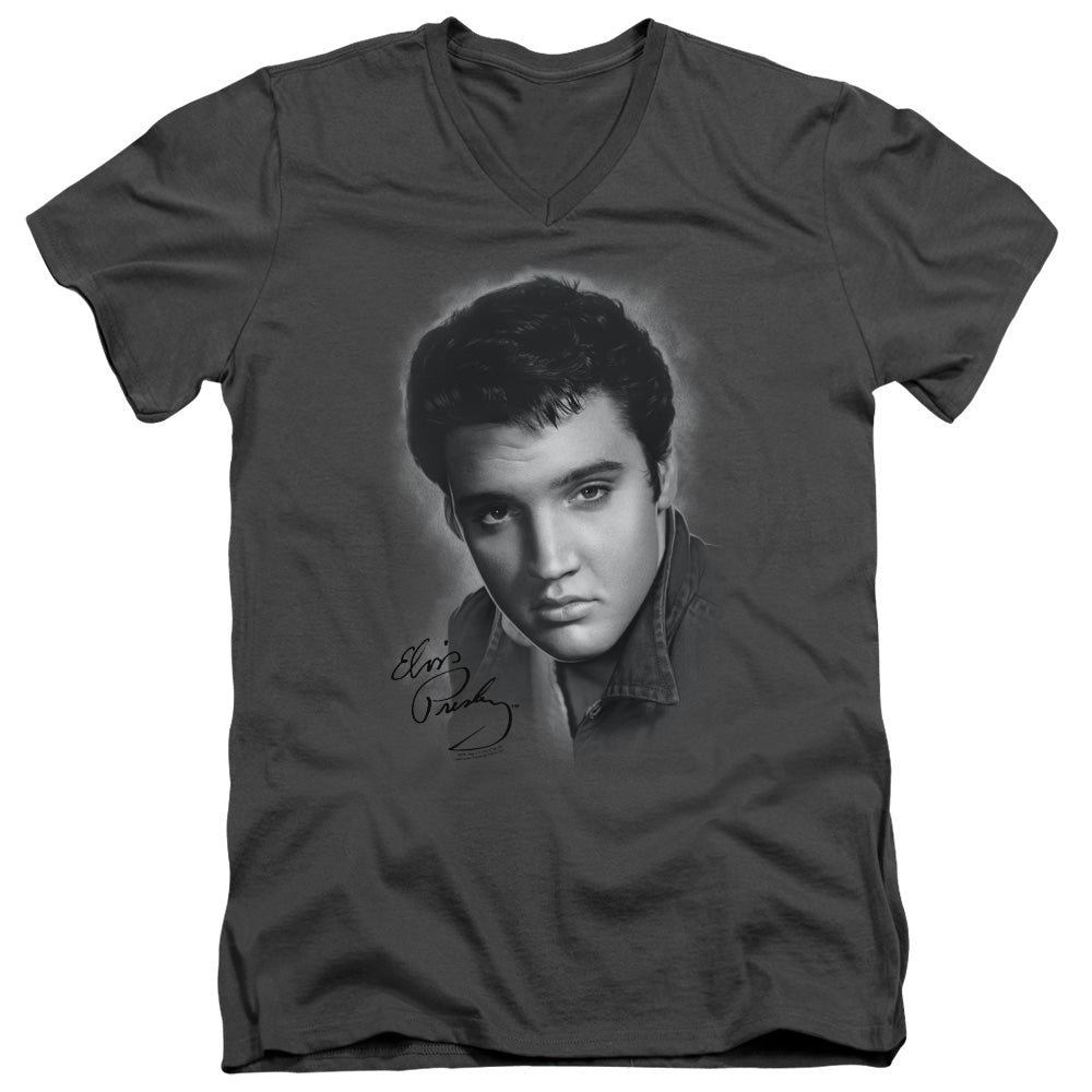 Elvis Presley Grey Portrait Mens Slim Fit V-Neck T Shirt Charcoal