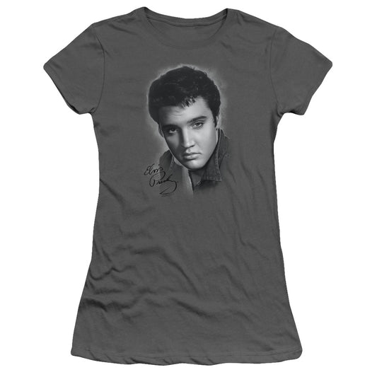 Elvis Presley Grey Portrait Junior Sheer Cap Sleeve Womens T Shirt Charcoal