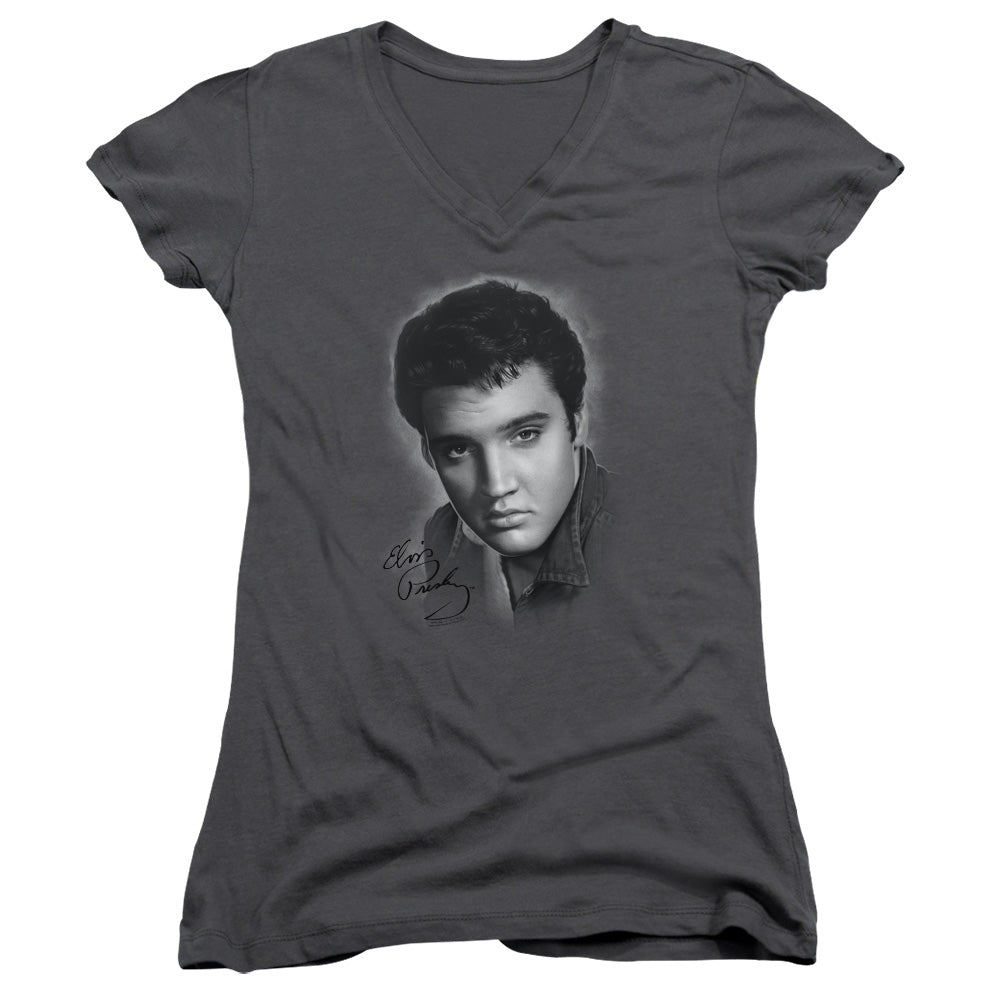 Elvis Presley Grey Portrait Junior Sheer Cap Sleeve V Neck Womens T Shirt Charcoal