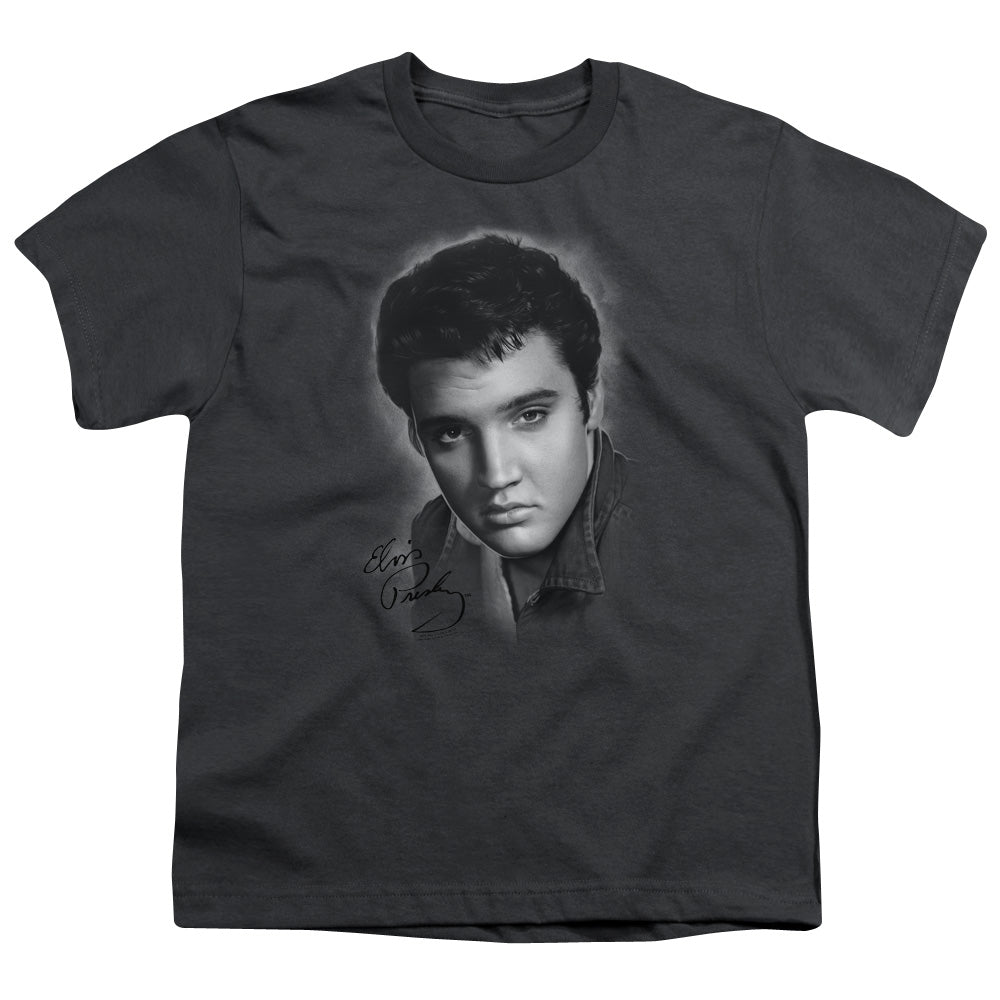 Elvis Presley Grey Portrait Kids Youth T Shirt Charcoal