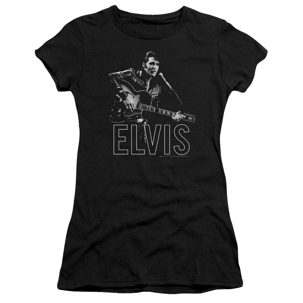 Elvis Presley Guitar in Hand Junior Sheer Cap Sleeve Womens T Shirt Black