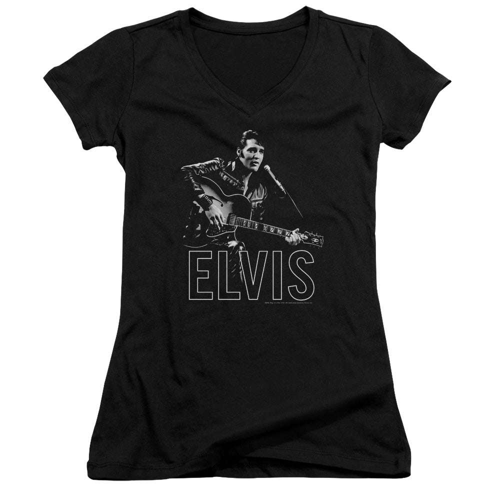 Elvis Presley Guitar in Hand Junior Sheer Cap Sleeve V Neck Womens T Shirt Black