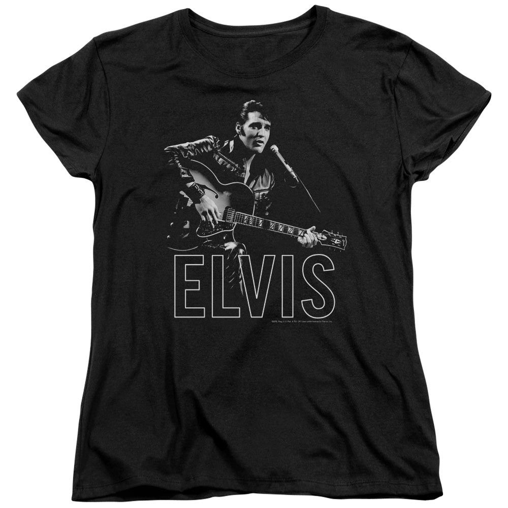 Elvis Presley Guitar in Hand Womens T Shirt Black