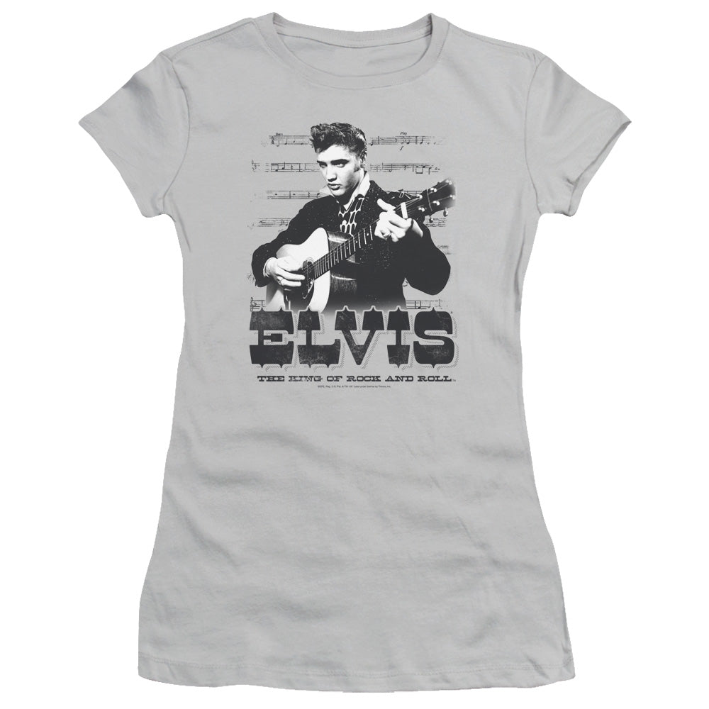 Elvis Presley the King of Junior Sheer Cap Sleeve Womens T Shirt Silver