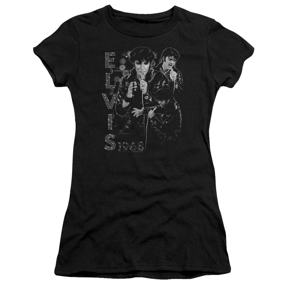 Elvis Presley Leathered Junior Sheer Cap Sleeve Womens T Shirt Black