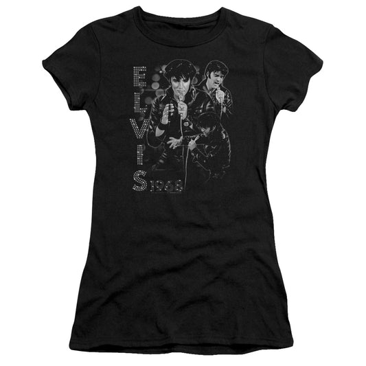 Elvis Presley Leathered Junior Sheer Cap Sleeve Womens T Shirt Black