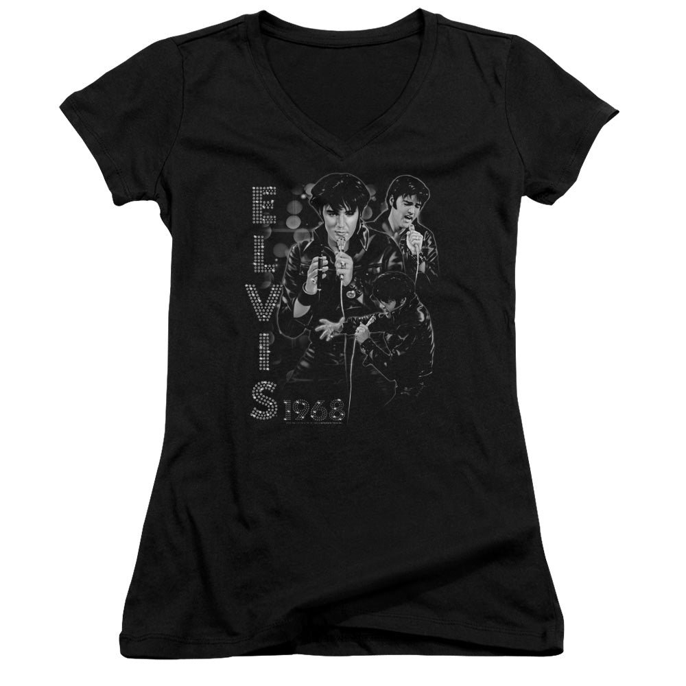 Elvis Presley Leathered Junior Sheer Cap Sleeve V Neck Womens T Shirt Black