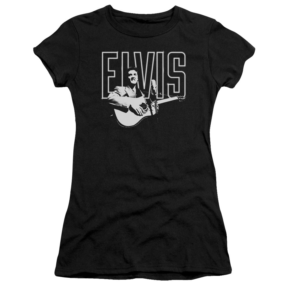 Elvis Presley White Glow Junior Sheer Cap Sleeve Womens T Shirt Black