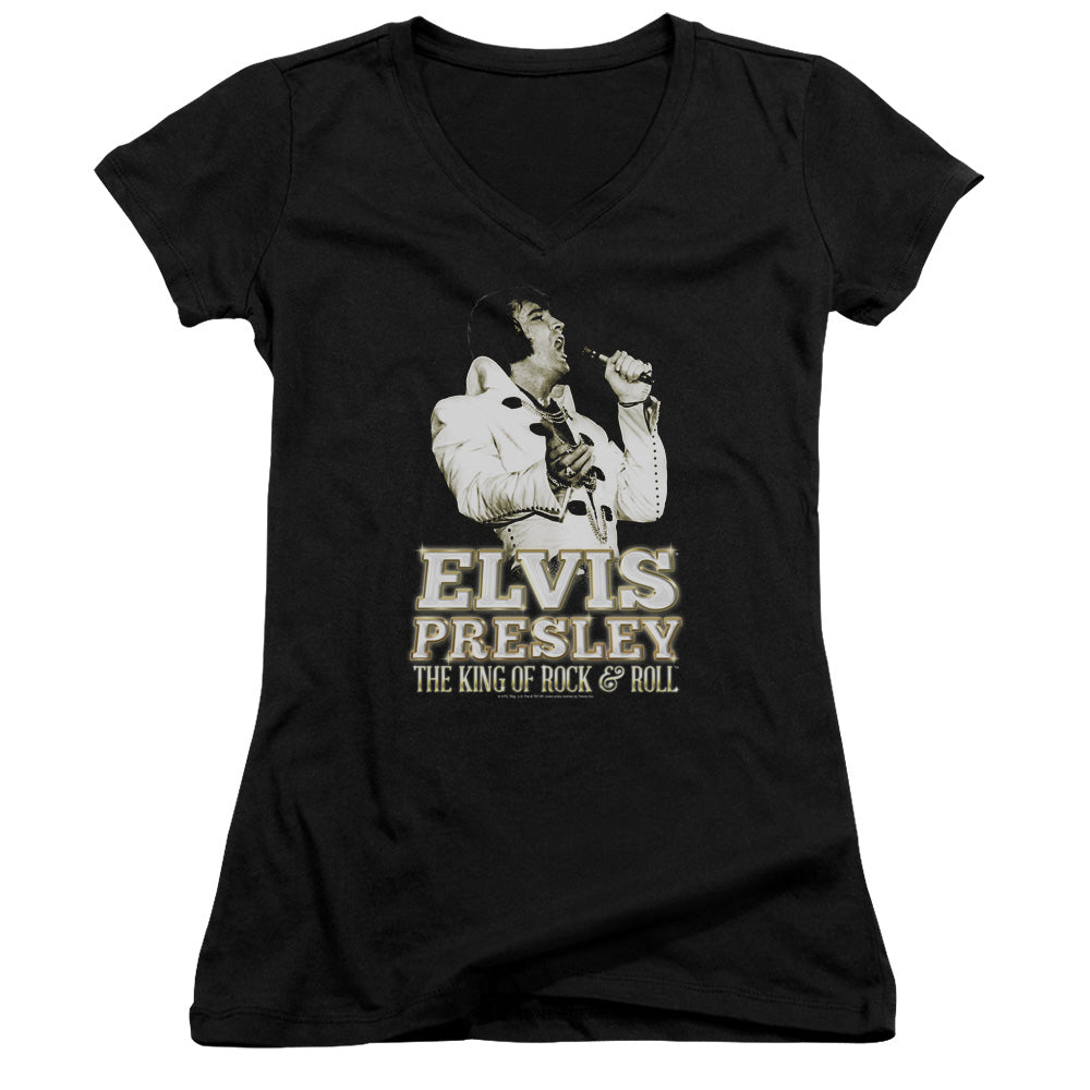 Elvis Presley Golden Junior Sheer Cap Sleeve V Neck Womens T Shirt Black