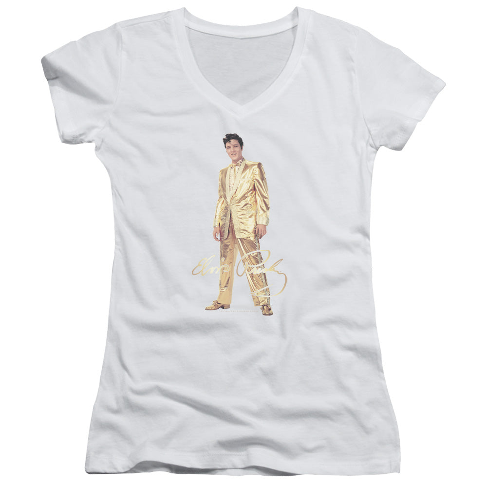 Elvis Presley Gold Lame Suit Junior Sheer Cap Sleeve V Neck Womens T Shirt White