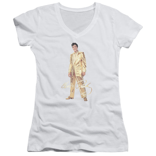 Elvis Presley Gold Lame Suit Junior Sheer Cap Sleeve V Neck Womens T Shirt White