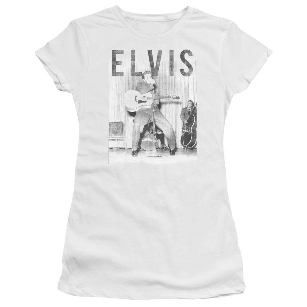 Elvis Presley With the Band Junior Sheer Cap Sleeve Womens T Shirt White