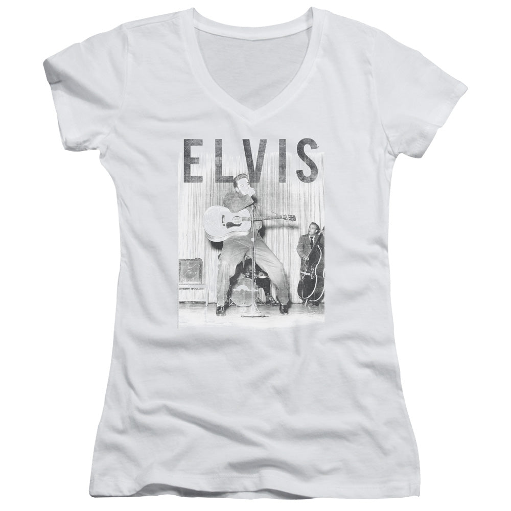 Elvis Presley With the Band Junior Sheer Cap Sleeve V Neck Womens T Shirt White