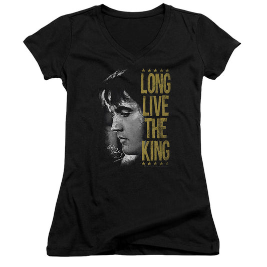 Elvis Presley Long Live the King Junior Sheer Cap Sleeve V Neck Womens T Shirt Black