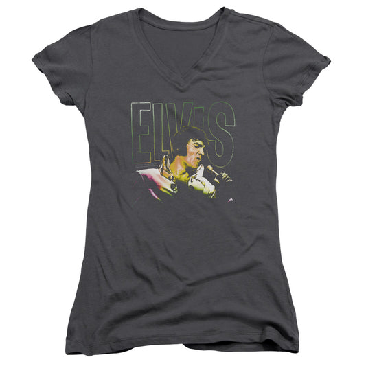 Elvis Presley Multicolored Junior Sheer Cap Sleeve V Neck Womens T Shirt Charcoal