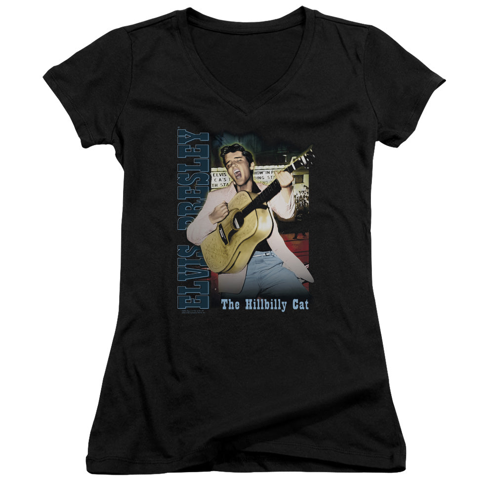 Elvis Presley Memphis Junior Sheer Cap Sleeve V Neck Womens T Shirt Black