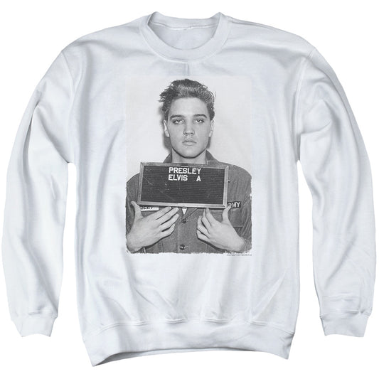 Elvis Presley Army Mug Shot Mens Crewneck Sweatshirt White