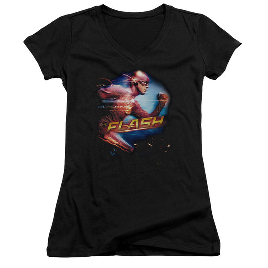 The Flash Fastest Man Junior Sheer Cap Sleeve V-Neck Womens T Shirt Black