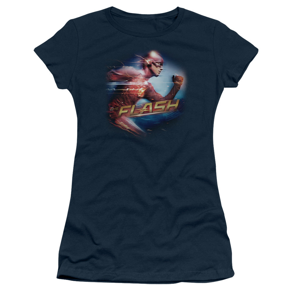 The Flash Fastest Man Junior Sheer Cap Sleeve Womens T Shirt Navy