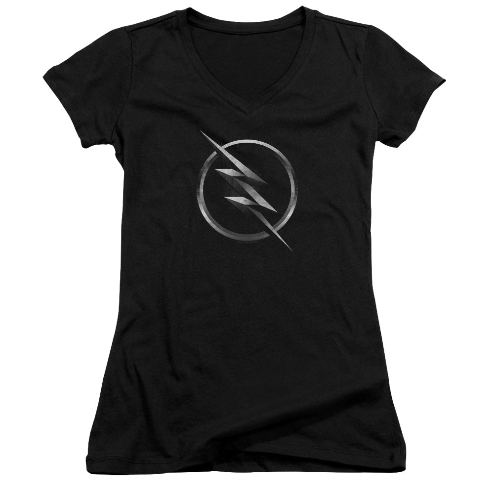 Flash Zoom Logo Junior Sheer Cap Sleeve V-Neck Womens T Shirt Black