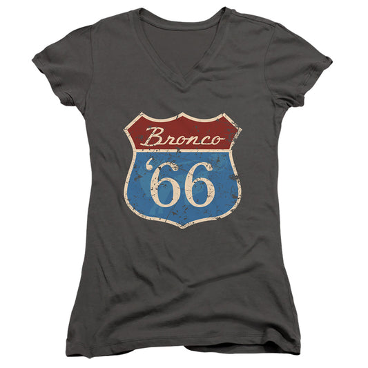 Ford Bronco Route 66 Bronco Junior Sheer Cap Sleeve V-Neck Womens T Shirt Charcoal