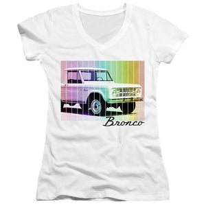 Ford Bronco Retro Rainbow Junior Sheer Cap Sleeve V-Neck Womens T Shirt White