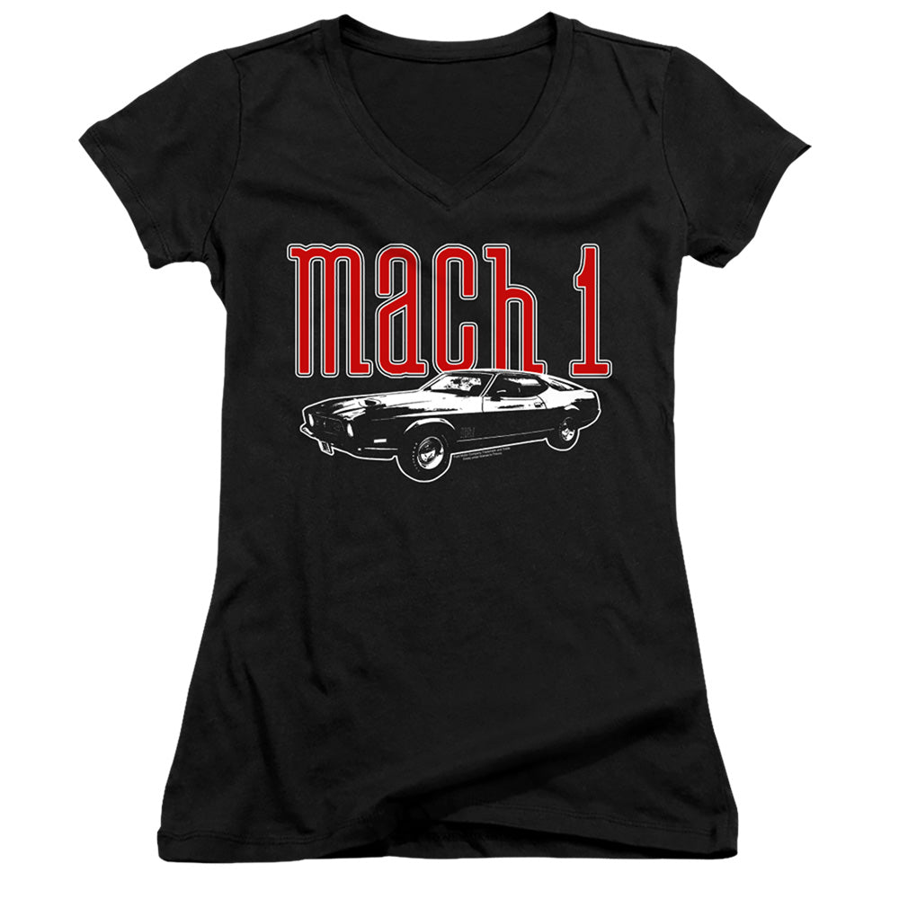 Ford Mustang Mach 1 Junior Sheer Cap Sleeve V-Neck Womens T Shirt Black