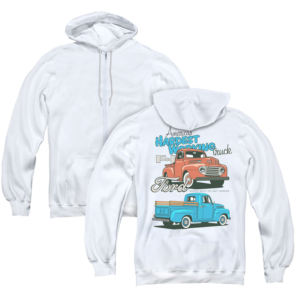 Ford Trucks Hardest Working (Front Back Print) Adult Zipper Hoodie White