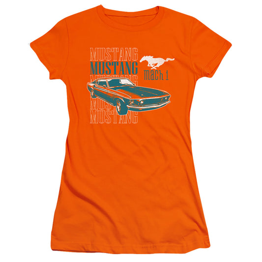 Ford Mustang Mach 1 Repeat Junior Sheer Cap Sleeve Womens T Shirt Orange