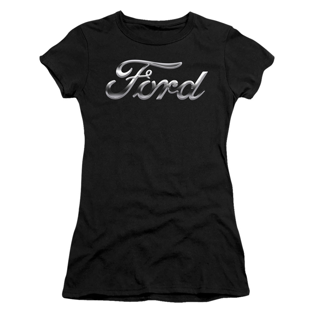 Ford Chrome Ford Logo Junior Sheer Cap Sleeve Womens T Shirt Black