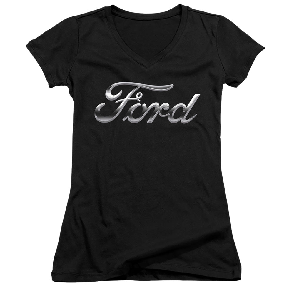 Ford Chrome Ford Logo Junior Sheer Cap Sleeve V-Neck Womens T Shirt Black