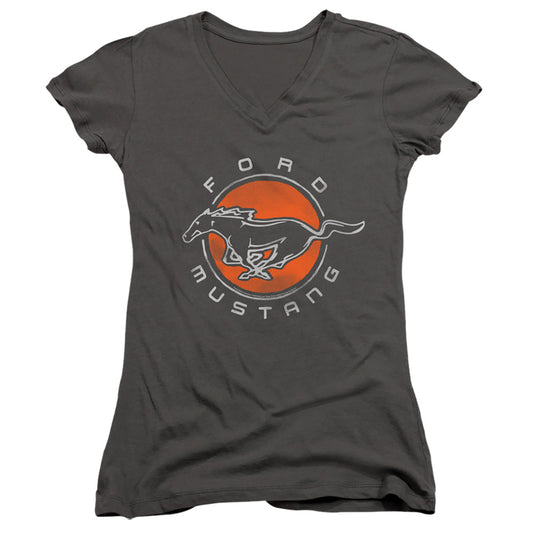 Ford Mustang Mustang Circle Junior Sheer Cap Sleeve V-Neck Womens T Shirt Charcoal