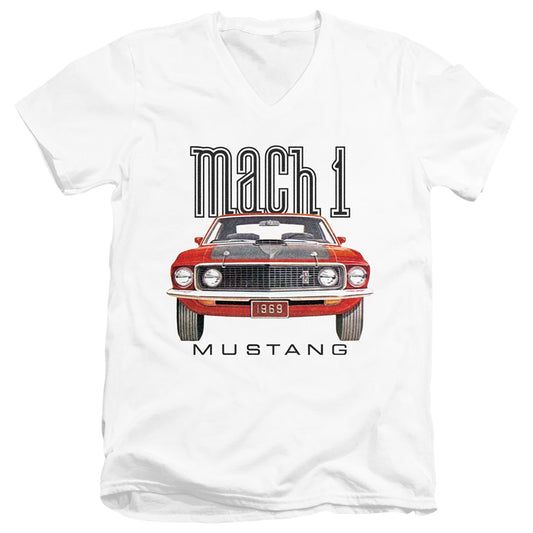 Ford Mustang 69 Mach 1 Mens Slim Fit V-Neck T Shirt White