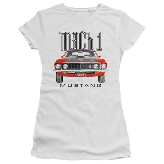 Ford Mustang 69 Mach 1 Junior Sheer Cap Sleeve Womens T Shirt White