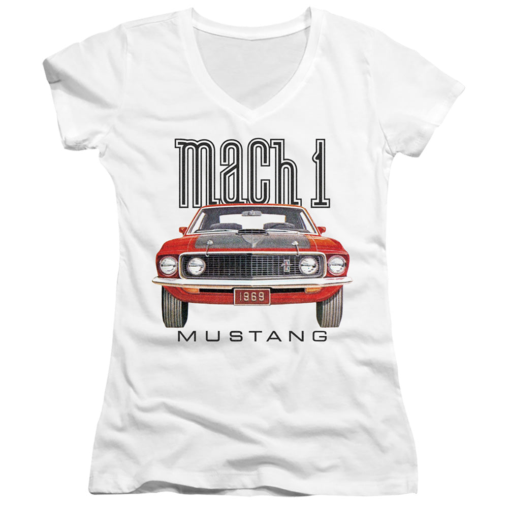 Ford Mustang 69 Mach 1 Junior Sheer Cap Sleeve V-Neck Womens T Shirt White