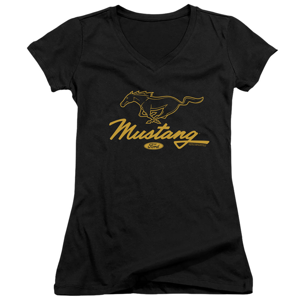 Ford Mustang Pony Script Junior Sheer Cap Sleeve V-Neck Womens T Shirt Black