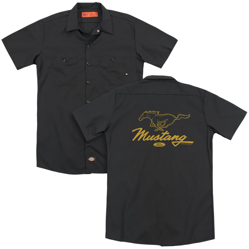 Ford Mustang Pony Script (Front Back Print) Adult Work Shirt Black