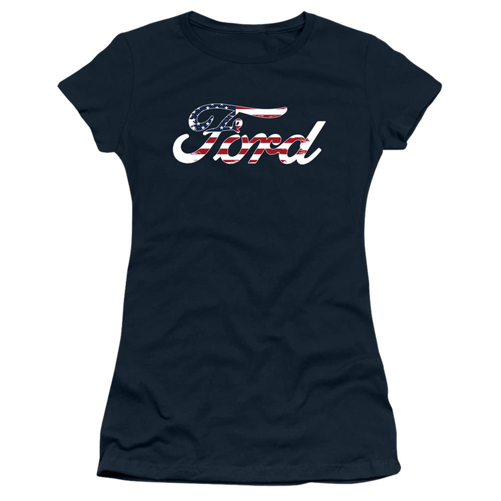 Ford Flag Logo Junior Sheer Cap Sleeve Womens T Shirt Navy