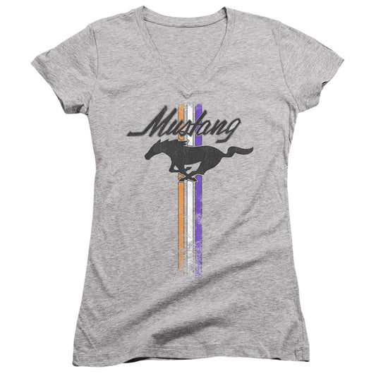 Ford Mustang Mustang Stripes Junior Sheer Cap Sleeve V-Neck Womens T Shirt Athletic Heather