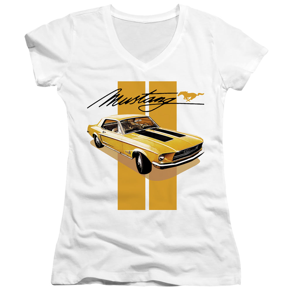 Ford Mustang Stang Stripes Junior Sheer Cap Sleeve V-Neck Womens T Shirt White