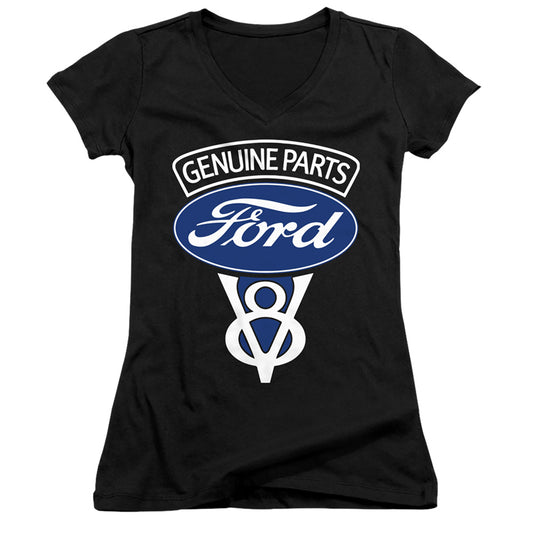 Ford V8 Genuine Parts Junior Sheer Cap Sleeve V-Neck Womens T Shirt Black