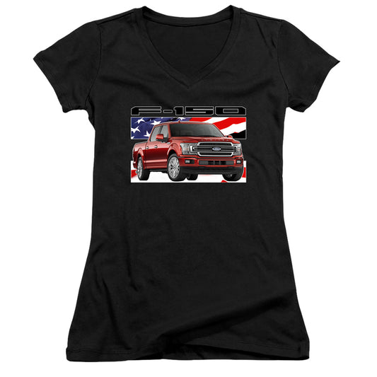 Ford Trucks F 150 Flag Junior Sheer Cap Sleeve V-Neck Womens T Shirt Black